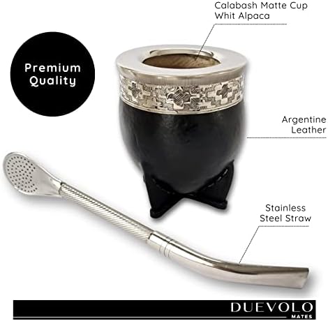 O Duevolo - Black - Yerba Mate Gourd - Uruguayan Mate - Couro embrulhado - Inclui Bombilla de aço inoxidável. - Mate Cup e Bombilla Set.