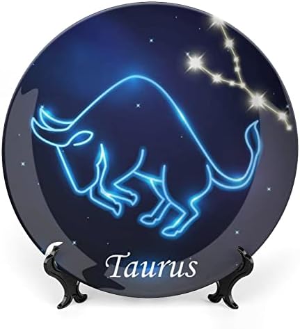 Taurus Constellation Bone China personalizada Placas decorativas de cerâmica Casa Placa redonda em casa com suporte de exibição 8 polegadas