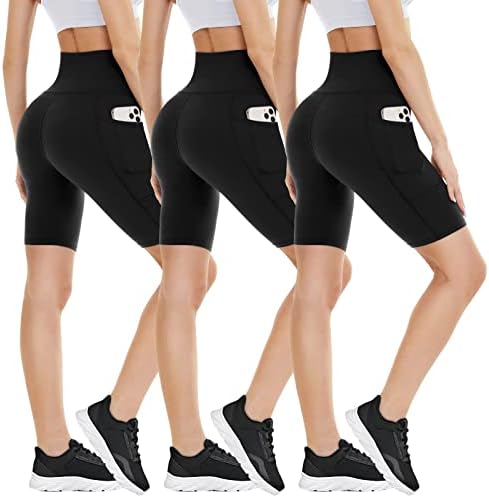 3 shorts de motociclista de embalagem com bolsos para mulheres - 8 de lixeira de abastecimento de cintura alta shorts shorts de spandex para yoga de ginástica