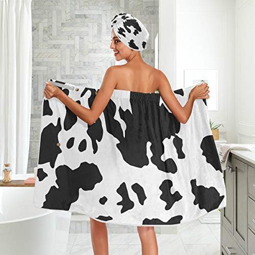 Blueangle Black White Cow Tootes com tampa de cabelo seco e bandana para mulheres - Chuveiro feminino e banheira com fechamento ajustável