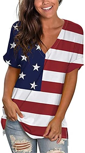 Camiseta de retalhos de renda para mulheres de verão Casual V Neck American Flag Top 4 de julho Patriótico Manga curta Blusa