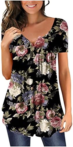 Mangas curtas blusa de camiseta feminina botão plised tops tops soltos de estampa de flor moderna túnica v-shirt de
