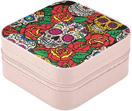Alaza Sugar Skull Day of Dead Roses Small Jewelry Box for Women Girls Mens Travel Jewelry Case PU Organizer, Pink Edge