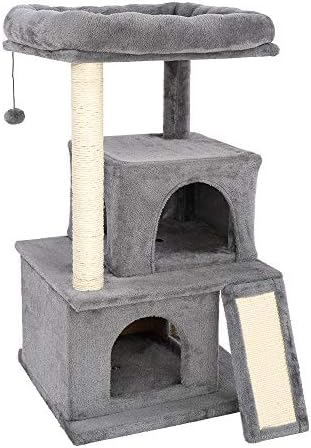 Torre de gato de gato de vários níveis de gato de 34 polegadas de 34 polegadas com 2 condomínios, postes de arranhões