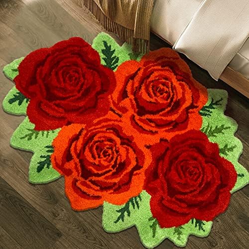 Ustide 4 Rosas vermelhas tapete, banheira de tapete floral banheiro de banheiro de garotas banheiros laváveis ​​tapetes
