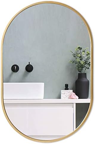 espelho oval de ouro zenmag, espelho oval de banheiro oval de 24 x36, espelho grande com moldura de metal, espelho de vaidade dourada, espelho montado na parede para banheiro, entrada, sala de estar, penduramento vertical ou horizontal