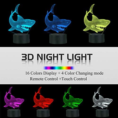 Presentes de tubarão, luz noturna de tubarão em 3D para crianças com controle remoto 16 cores mudando função diminuída, presentes
