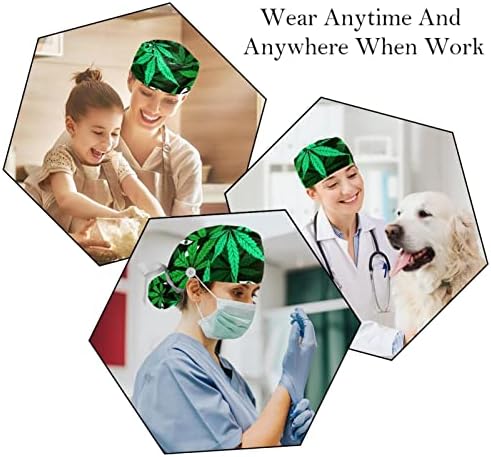 2 PCs Nurse Scrub Caps Cabelo longos, folhas de maconha de maconha dourada Capinha de trabalho ajustável com botão e banda de moletom