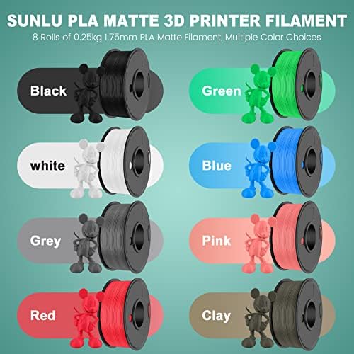 Filamento da impressora 3D Sunlu, pacote de filamentos foscos e impressora T3 3D, filamento de 1,75 mm PLA Muticolor, bobo 250g, 8 rolos, preto+branco+vermelho+azul+verde+rosa+cinza+argila+argila+argila