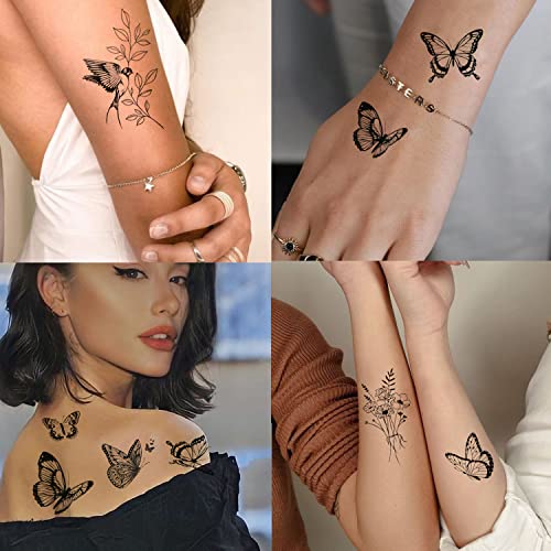 Tazimi 6 lençóis grandes tatuagens temporárias de borboleta preta para mulheres-fluxos Butterflies Boreteiras Setor de bezetas