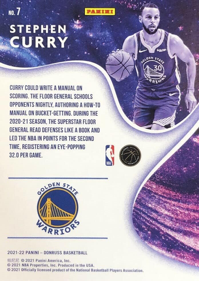 Stephen Curry 2021 2022 Donruss Complete Players Basketball Series Mint Insert Card #7, imaginando -o em suas camisas brancas e azuis do Golden State Warriors