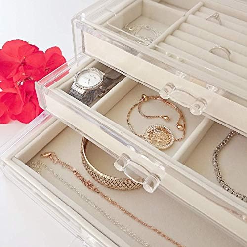 Caixas de jóias QTT para mulheres com 3 gavetas Organizador de joalheria para brincar de colar de bracelete armazenamento Caixa de joalheria de jóias de acrílico transparente para mulheres