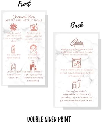 Boutique Marketing LLC Chemical Peel Cards Aftercare | 50 pacote | Cartão de visita de 2x3,5 polegadas de 2x3,5 polegadas | Look de mármore com design de cor de ouro rosa não metálico, preto, branco, ouro rosa