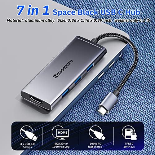 Minisopuru USB C Hub Multiporta Adaptador, 7 em 1 USB C Cubra com 4K HDMI, 3x USB 3.0, entrega de energia 100W, leitor de cartão