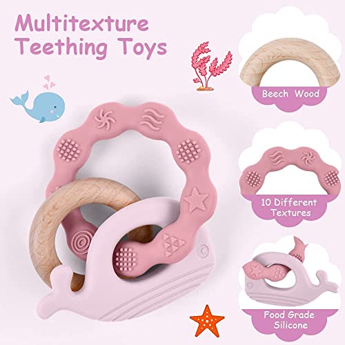 Brinquedo de Vicloon Feter, brinquedos de dentição para bebês de 0 a 6 meses, anéis mastigáveis ​​de silicone, anel de madeira