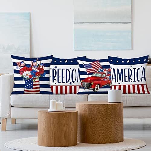Hexagrama 4 de julho Capas de travesseiros 18x18 Conjunto de 4, estrelado as capas de travesseiros patrióticos de bandeira americana, memória do dia 4 de julho de decoração de casa vermelha e azul, 4 de julho para sofá de sofá -sofá