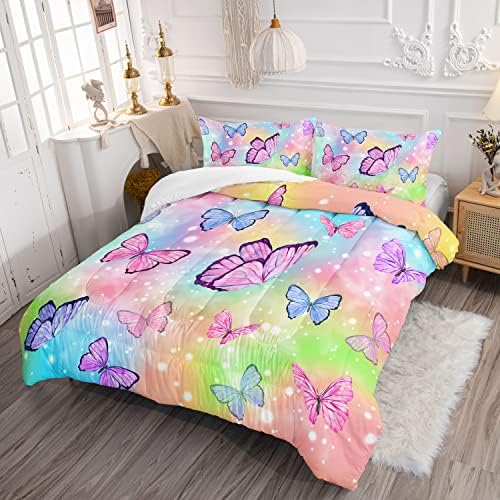 Conjunto de quadra de cama de caseiro de Datura Conjunto de arco -íris Aquarela de borboleta Padrived Bedding Bedding com 1 edredom e 2 travesseiros para garotas quarto durante toda a temporada
