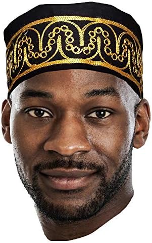 O Adebo African Black Kufi Hat de Dupsie com bordado de ouro
