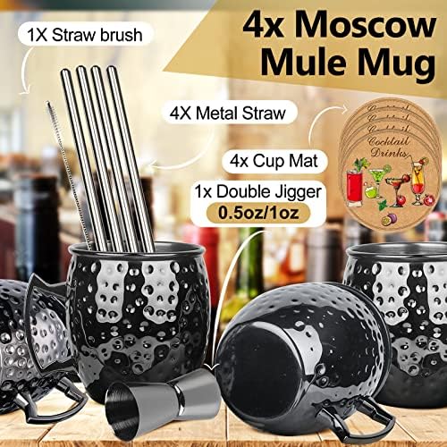 Canecas de Moscou Mule- Conjunto de 4 caneca de aço inoxidável preto de metal de armas abridor de tampa da lâmina de 18 onças, para uma festa de bebidas refrigeradas