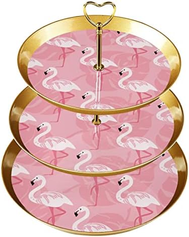 Dragonbtu 3 cupcakes de camada com haste dourado plástico de sobremesa em camadas de torre de torre tropical padrão flamingo de frutas rosa