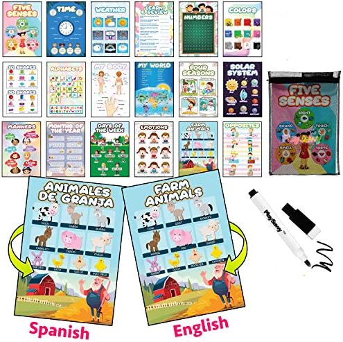 Conjunto de pôsteres educacionais em pré -escola para crianças, 38 PC, sala de aula bilíngüe em inglês/espanhol, decoração