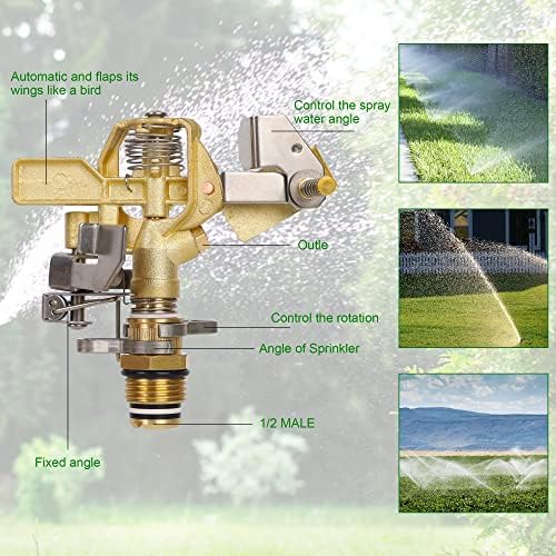 Biswing 1/2 polegada Brass Impact Pack 2 Pack, cabeça de aspersores de gramado pesado com bicos, ajustável 20 a 360 graus padrão de cobertura, aspersor de rega para irrigação por pátio de grama