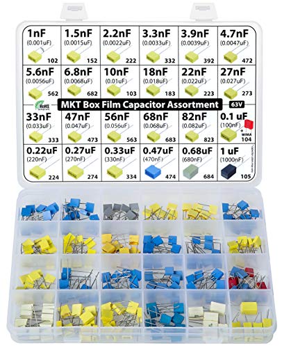 Kit de sortimento de capacitores metalizados de poliéster MKT PET, 235 PCs, 24 valores, 63V, 1NF a 1UF