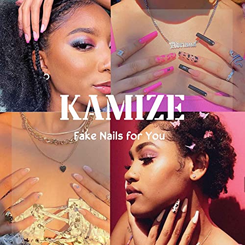 Kamize Long Press On Nails Balck Square French Nails Falsa Capa completa acrílica Falsa unhas para mulheres e meninas 24pcs