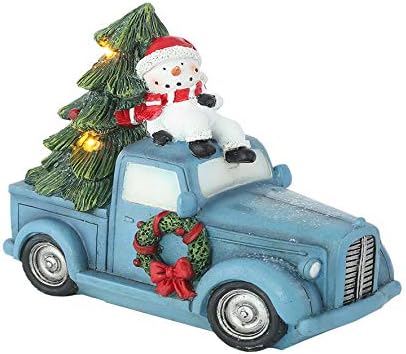 TopArorn Christmas Snowman e caminhão Tabela de decoração da figura estátua com presente de iluminação LED para crianças e adultos, carro azul de férias e árvore de natal e decoração de escultura de boneco de neve para casa e escritório, 7''H