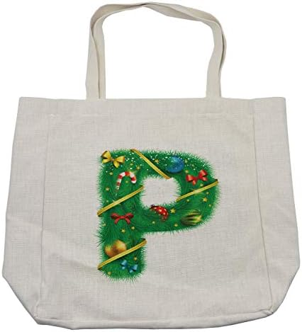 Bolsa de compras do Alfabeto de Natal de Ambesonne, a letra P com o padrão de ilustração dos elementos de férias tradicional,