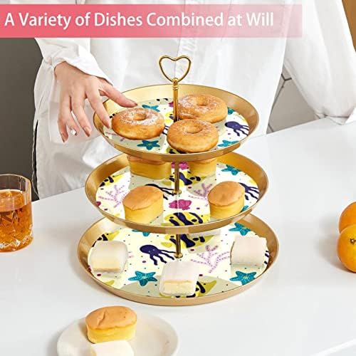3 Placa de fruta de cupcakes de 3 camadas de sobremesa Plástico para servir suporte de exibição para casamento de aniversário Decorações de chá de chá de chá de bebê redondo, padrão do mar de coral amarelo
