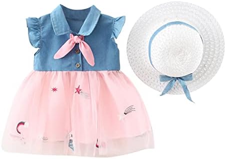 Freebily Toddler Baby Girls Tutu Dress Denim Denim Patchwork A-Line Dress + Straw Hat Summer Roup