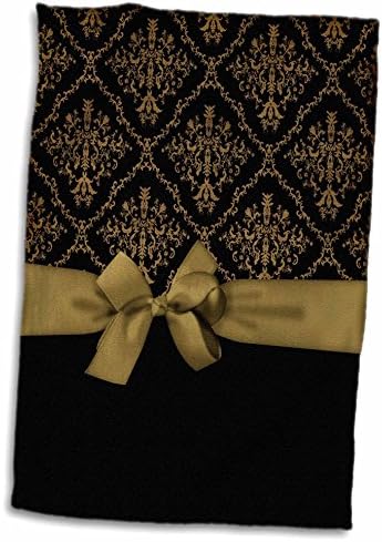 3D Rose Ribbon e Curto no Damask Design-Black e Gold Hand Toalha, 15 x 22