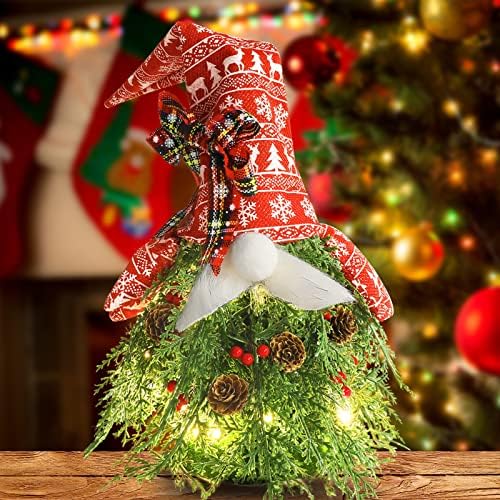 Decorações de Natal Gnome Gnome, 18 polegadas Mini Gnome Christmas Tree com laço xadrez, pequena árvore de Natal com luzes