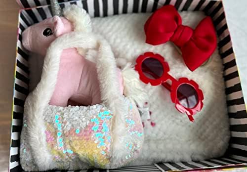 Baby Girl Gift Box w/fechamento magnético, cobertor de bebê 30x40, brinquedo unicórnio com bolsa de lantejoulas, fita