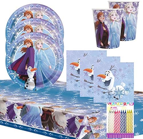 Disney Frozen 2 Party Supplies Pack Serve 16: Anna, Elsa 7 Placas de sobremesa Buveragem Copo e capa de mesa com velas de aniversário