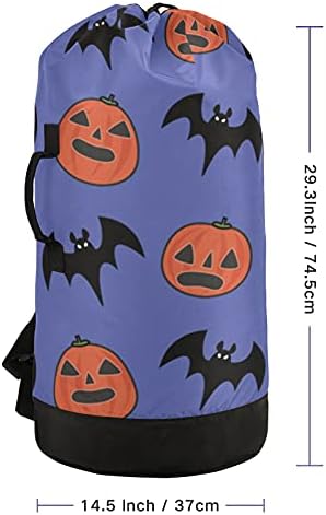 Halloween Bat Pumpkins Saco de lavanderia pesada Mochila de lavanderia com tiras de ombro Handles Bolsa de roupa de viagem