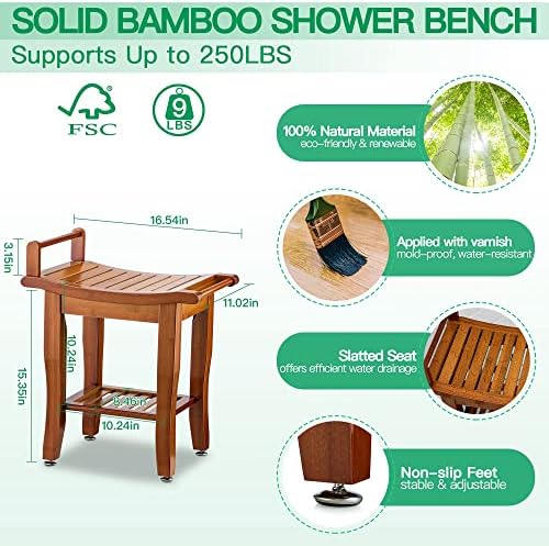Banco de chuveiro de bambu de 2 camadas etechmart, banquinho de spa de 24 polegadas com prateleira de armazenamento para barbeamento