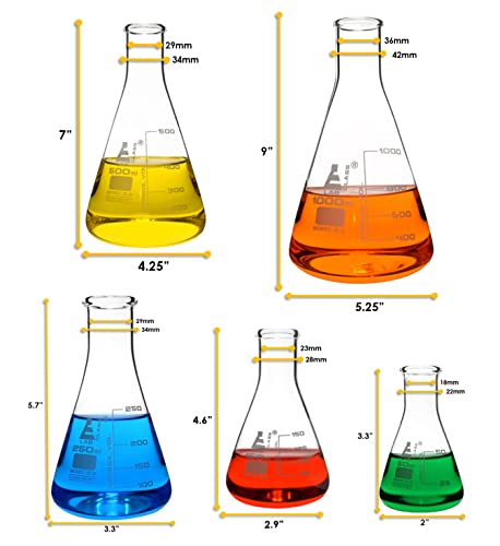 Conjunto de frascos premium Erlenmeyer - 50ml, 150ml, 250ml, 500ml e 1000ml - pescoço estreito, graduações brancas - durabilidade superior e resistência química - borossilicato 3.3 Glass - Eisco Labs
