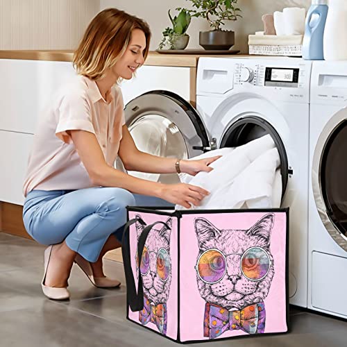 Gato rosa retrato bin bin lixo dobrável cesta de armazenamento de brinquedos cesta de lavanderia cesto de berçário à prova