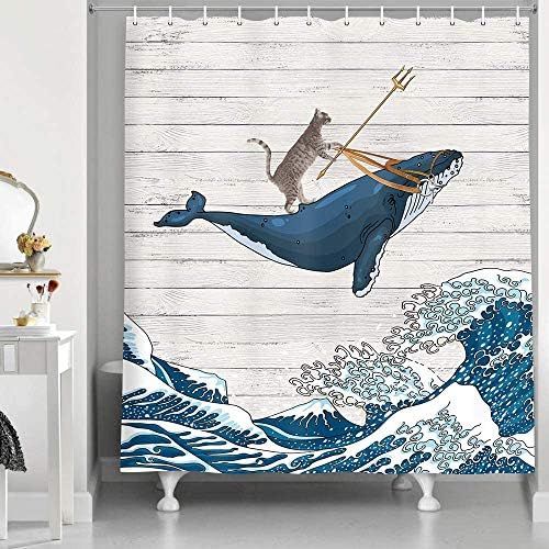 Cortina de chuveiro de gato engraçado, baleia de pilotagem de gato fresco com ondas Japan Kanagawa em conjunto de cortinas de chuveiro de madeira rústica Decoração de crianças fofas, conjunto de cortinas de fazendas de fabrica