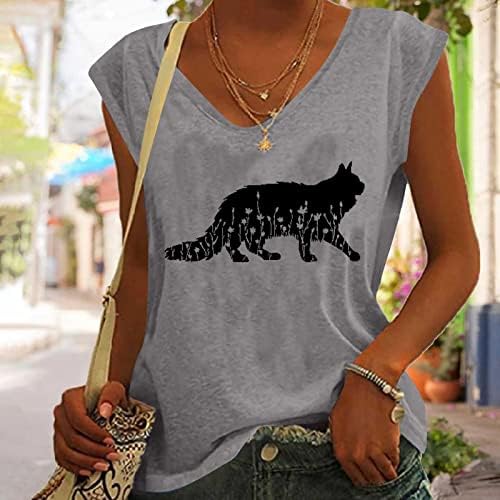 Camisetas sem mangas de verão para mulheres Tanques de decote em V Tampas de gato floral imprimir camisetas gráficas