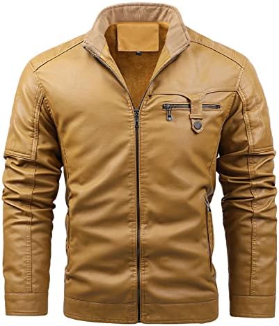 Jaqueta de couro PU para homens lã forrada de couro falso de couro santa vintage colar de moto de moto casacos