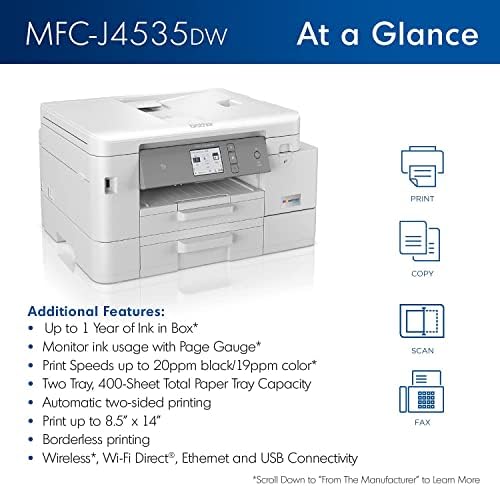 Irmão Tanque de Inkvestment MFC-J4535DW Printina a jato de a jato de tinta sem fio sem fio-Print Cópia Fax-20 ppm, 4800 x 1200 dpi, 8,5 x 14, impressão duplex automática, 20 folhas ADF, cabo de impressora Wulic