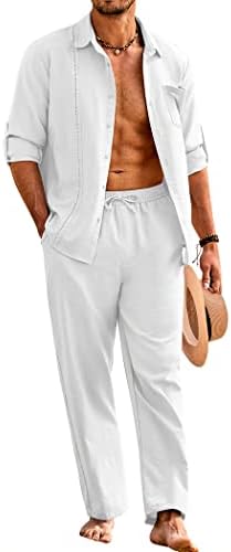 Coofandy Men's 2 peças linho conjuntos casuais botão de manga longa para baixo camisa cubana e calças soltas definidas para férias