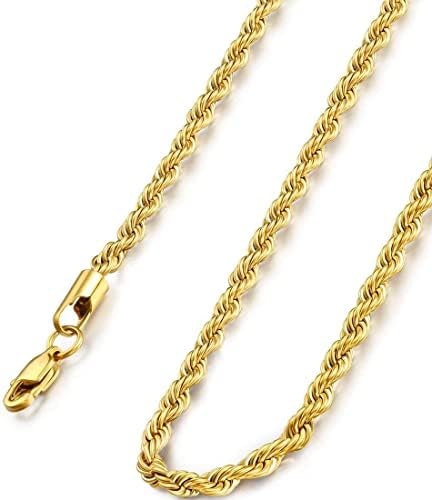 Fibo Steel 18k Real Gold Plated 2,5-8 mm Aço inoxidável masculino Calha de corda Twist Rode, 16-36 polegadas