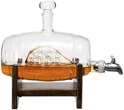 Navio de uísque em um decantador de barril com navio com copos de 2 a 10 onças - pelo Savante do Vinho, Whiskey & Wine Decanter