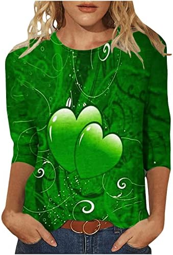 St Patricks Day Heart Tops for Women 3/4 Sleeve Glitter Shamrocks Tees gráficos Crepura engraçada Bloups camisa camisetas