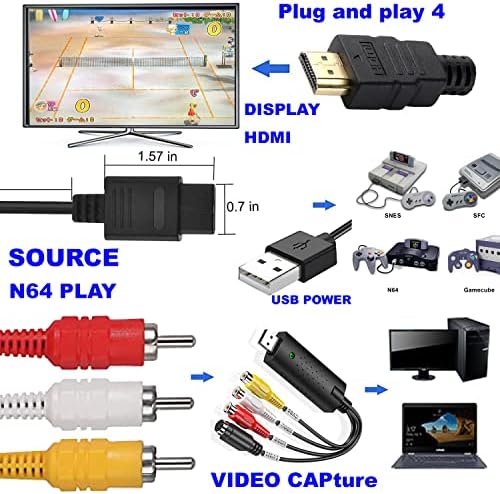 2 em 1 N64 para HDMI 10ft conversor ou RCA para cabo HDMI, Nintendo para 2 divisor de TV com fone de ouvido ou som, console de jogo N64/SNES compatível