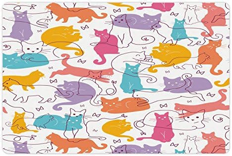 Tapete de estimação de gato lunarable para comida e água, gatos coloridos pulando brincando sentado relaxante felino alegre e moderna arte, tapete de borracha sem deslizamento para cães e gatos, 18 x 12, multicoloria